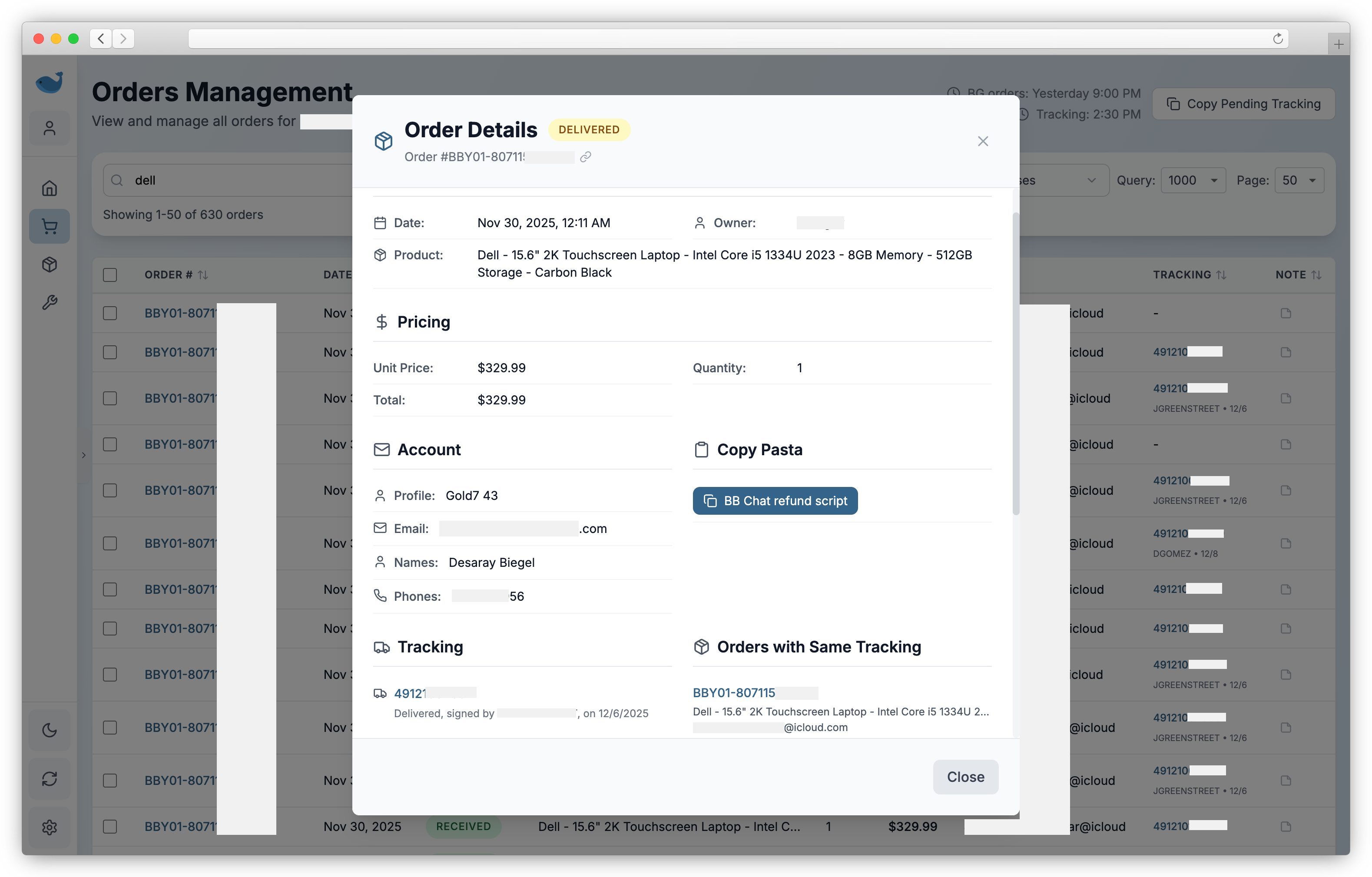 Whale Dashboard - Order Details