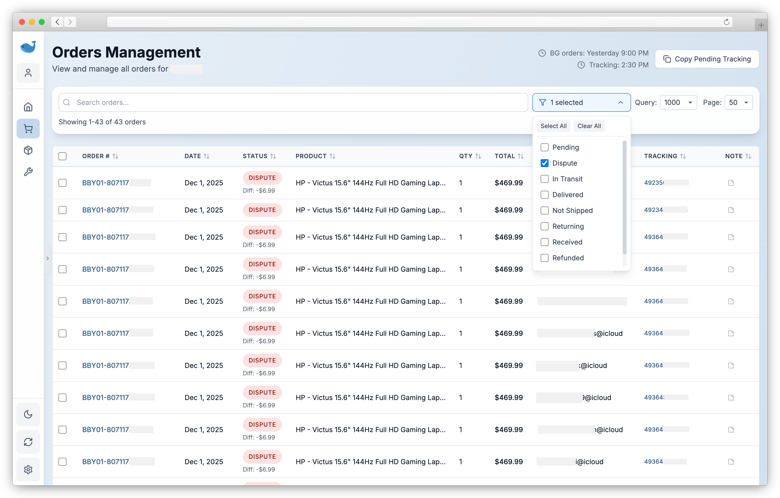 Whale Dashboard - Orders